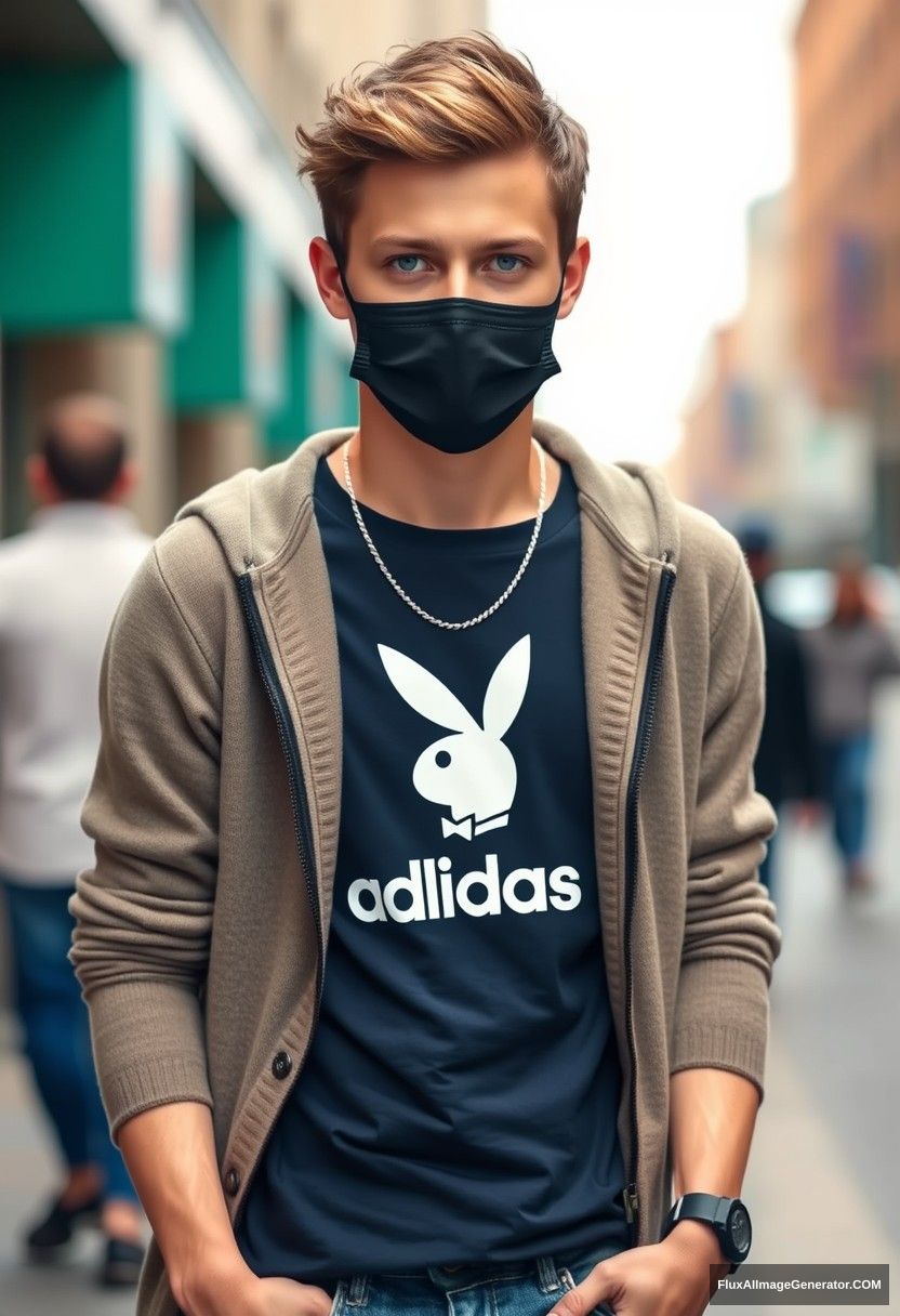 Jamie Dornan, youngest, blue eyes, wears a silver Playboy necklace, black face mask, dark blue Adidas t-shirt, sweater jacket, jeans, black sneakers, fit body, photorealistic, street photography.