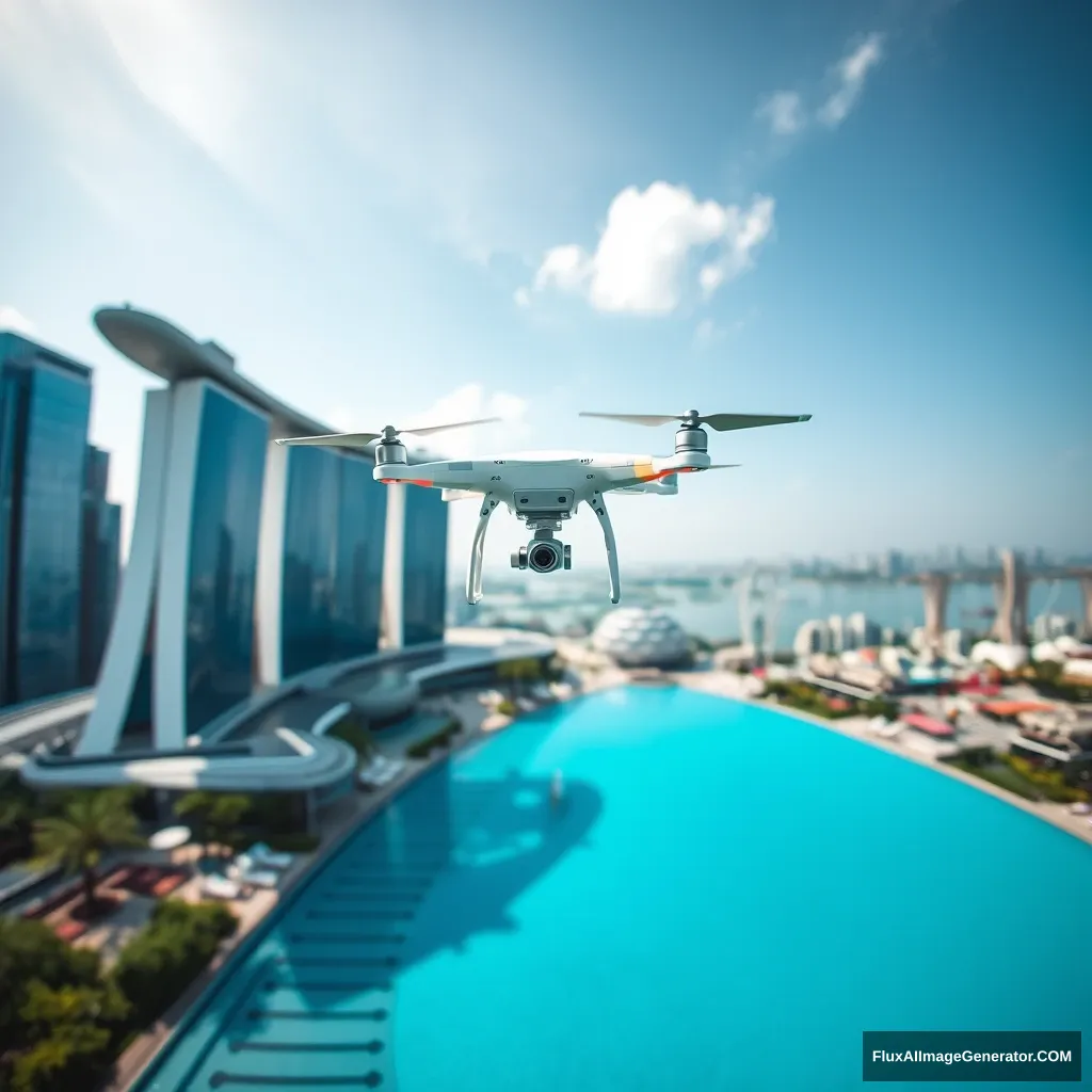 Photo of a DJI drone flying near the MBS infinity pool. - Image