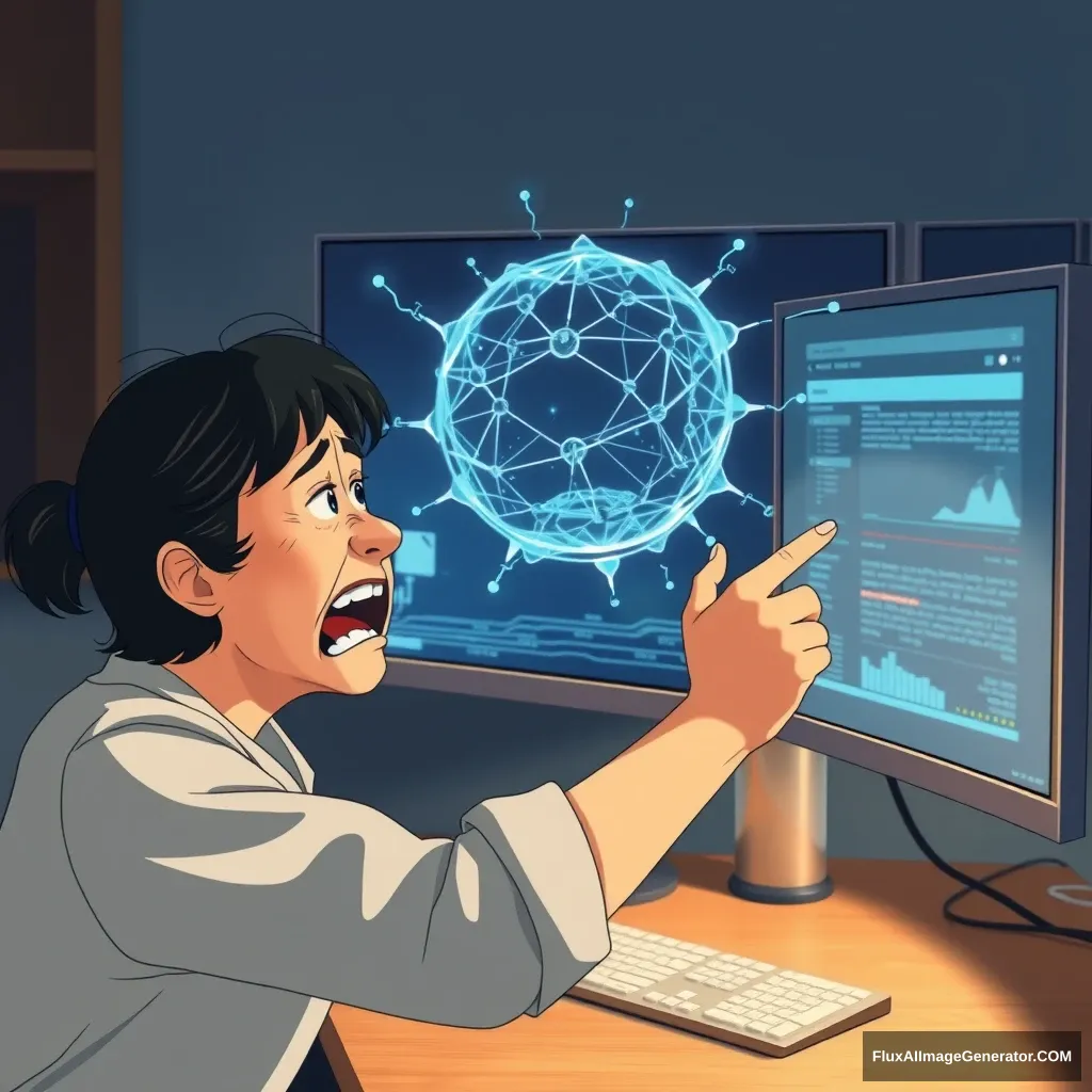 A middle-aged Korean woman is angrily hitting a monitor. The monitor displays generative AI. Animated style.