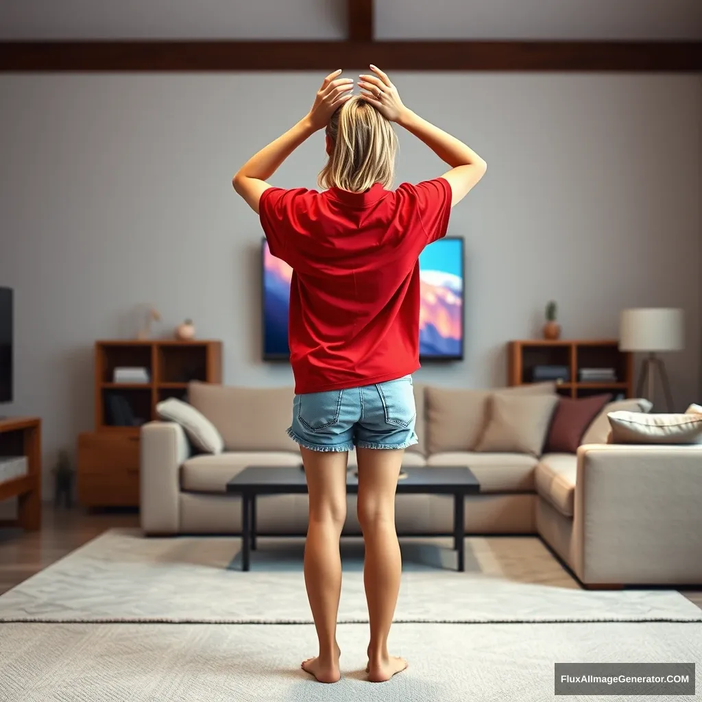 Side view of a skinny blonde woman in her early twenties in her large living room, wearing a massively oversized red polo t-shirt that hangs a bit off-balance on one shoulder and is untucked at the bottom. She is also wearing light blue denim shorts and has no shoes or socks on. Facing her TV, she dives into the magical TV by slowly raising her arms, which are positioned below her chest, and then straightens them as she lifts them. - Image