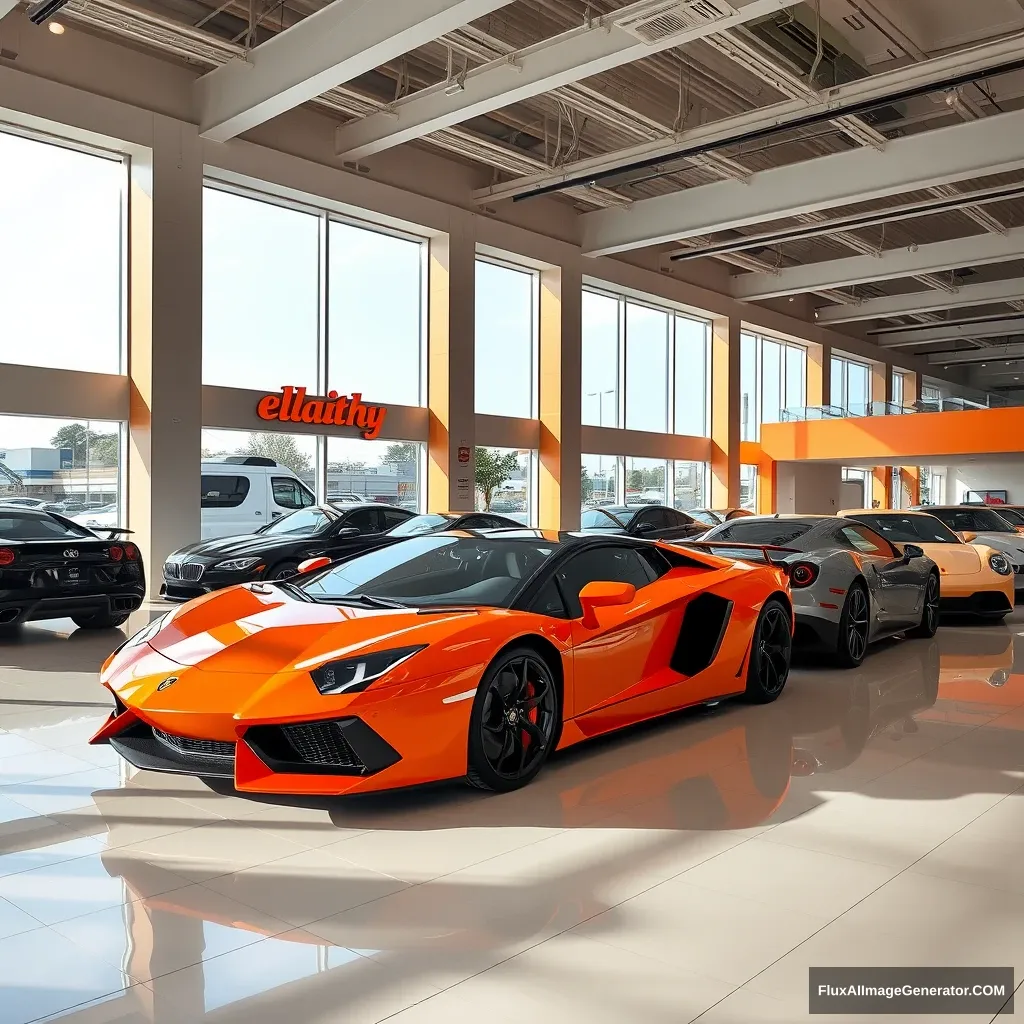 "car dealership called 'Ellaithy Auto Group' in orange color with luxury cars in the showroom" - Image