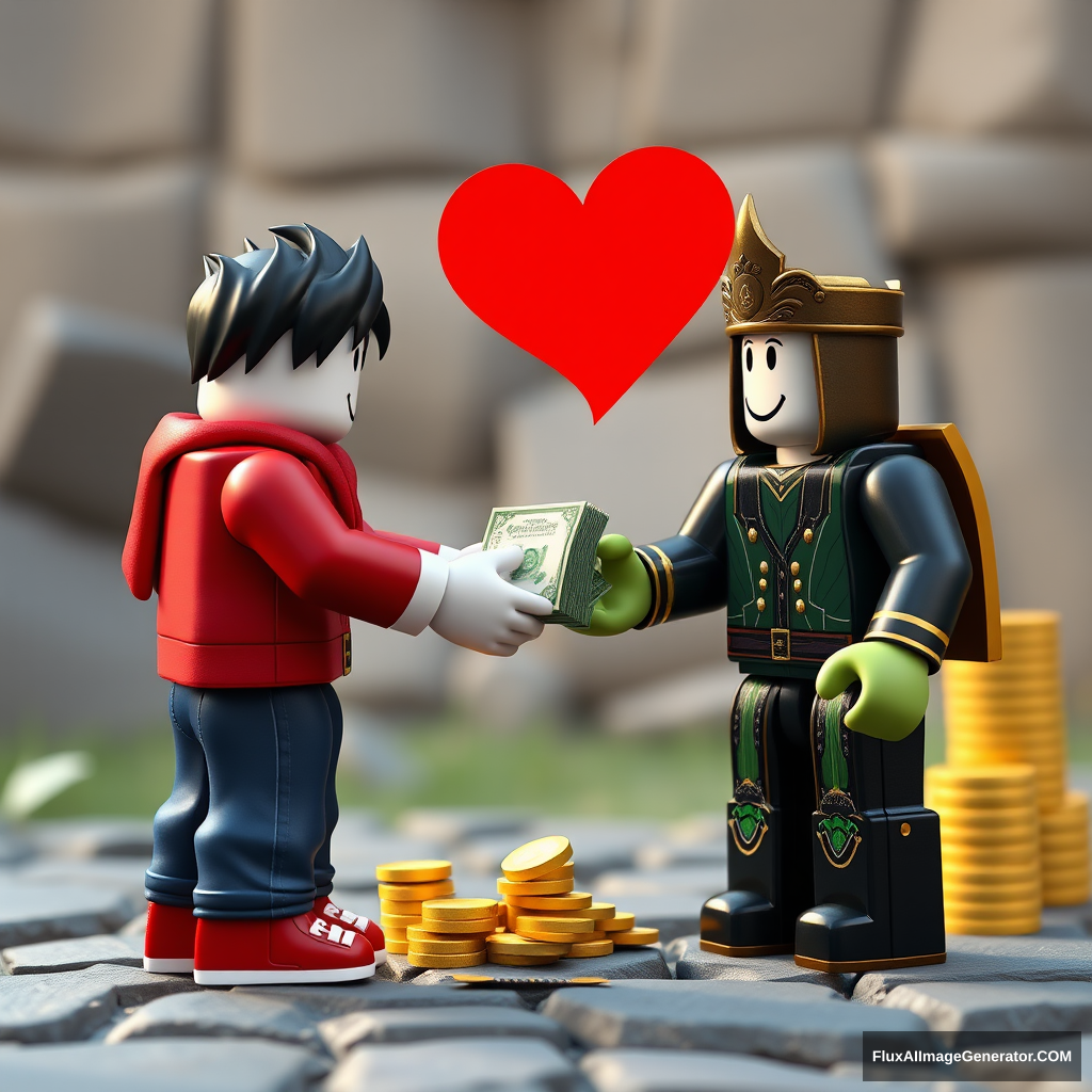 Please donate Roblox game Robux. Stand and beg for Robux from another character, and the character gives Robux money to the poor. Please give money. Please game Roblox background place. #detailed, #explained - Image