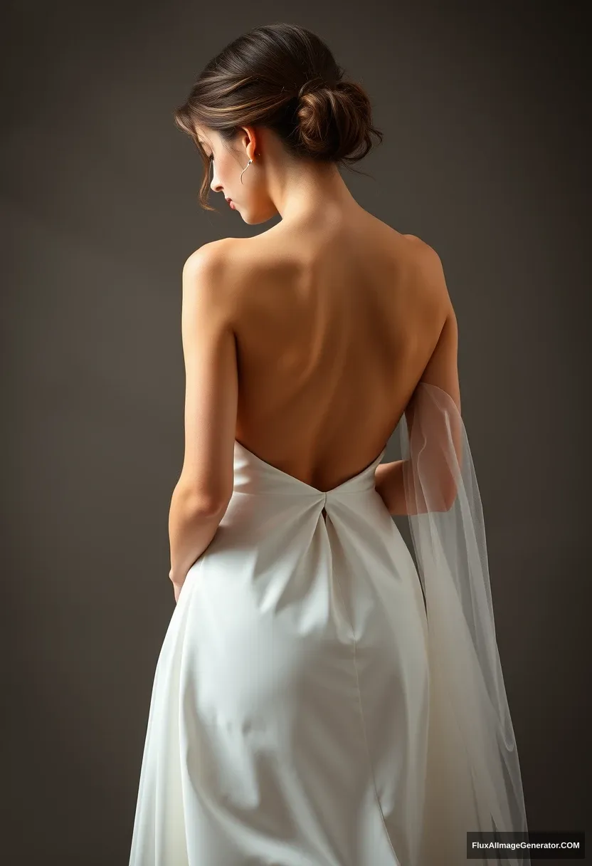 a short young woman, sensitive, delicate, ashamed, backless strapless side-less low-waisted open-back loose deep contouring wedding dress, in front of patriarchy, expectations