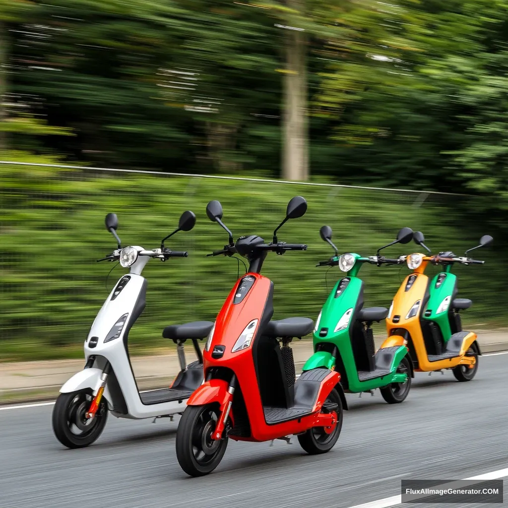 Nine electric scooters racing rapidly.