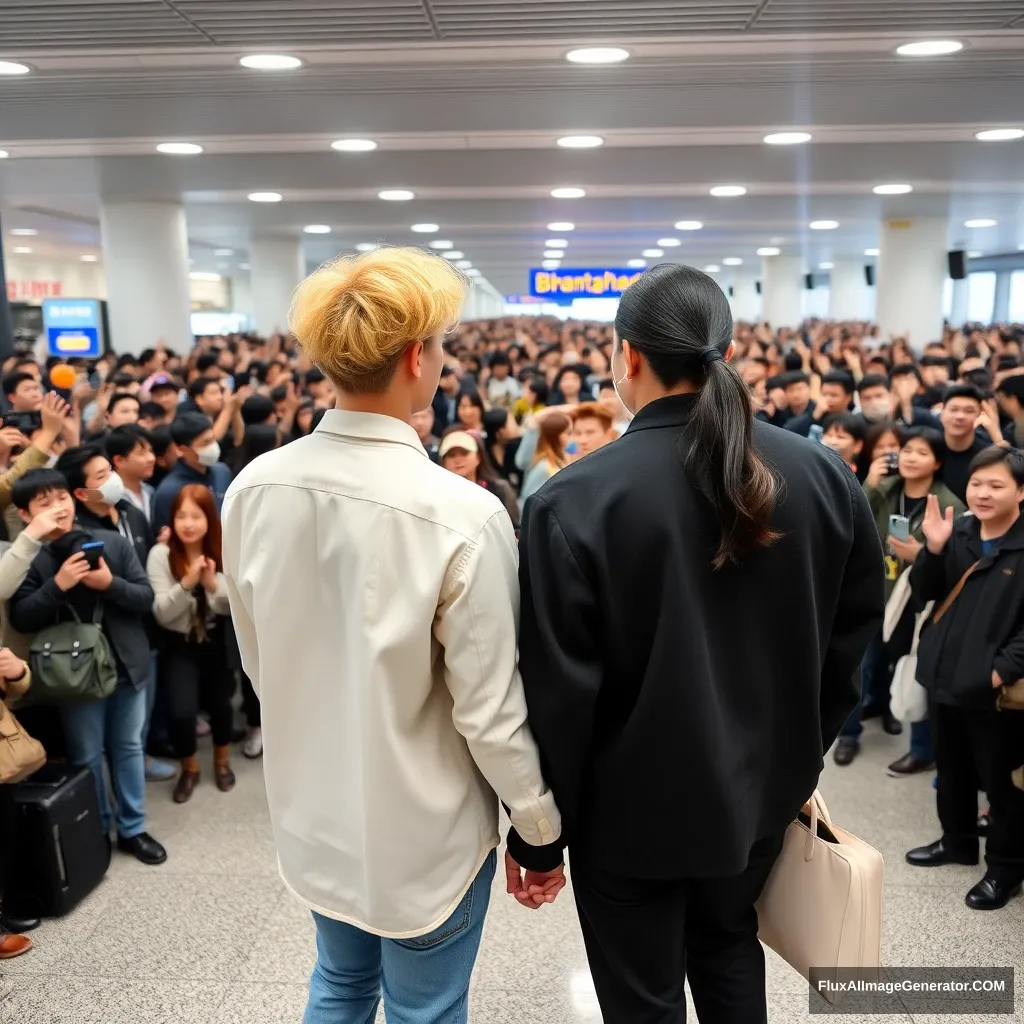 A man with curled, blonde ear-length hair and a man with low pony-tailed ebony hair are holding each other's hands in front of a huge crowd of fans at the airport, showing their backs. Both are in K-pop idol style, and the blonde man is taller. - Image