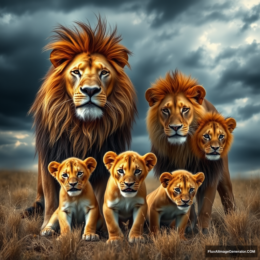 Create a dramatic photo of a lion family. The scene includes a majestic male lion with a flowing mane, a protective lioness, and two playful lion cubs in the foreground. The background features a stormy sky with dark clouds, enhancing the dramatic effect. The lions should be depicted with realistic detail and a sense of unity, emphasizing their familial bond and strength.