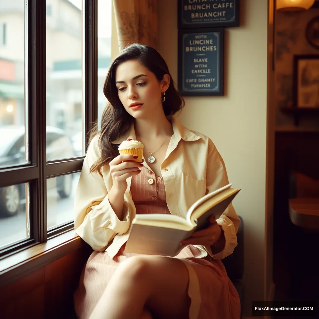 A model in a vintage dress and oversized shirt, sitting by a window in a cozy brunch café, reading a book and enjoying a cupcake. Film camera, warm tones, vintage aesthetic.