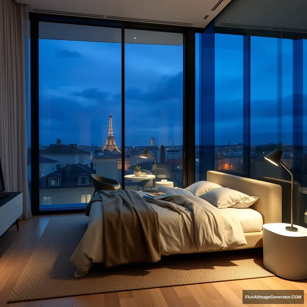 Modern bedroom apartment, big glass window, midnight in France.