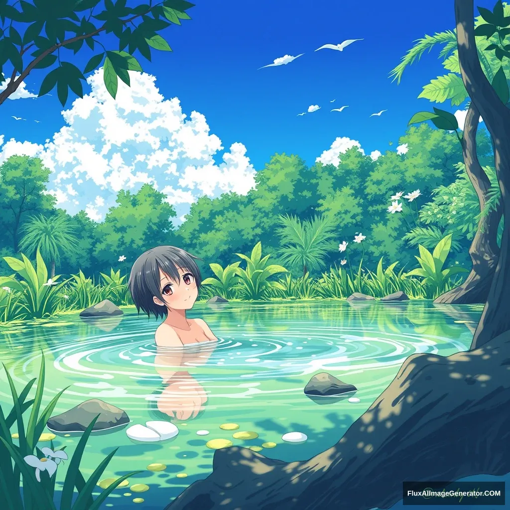 "Girl taking a bath in nature, anime style." - Image