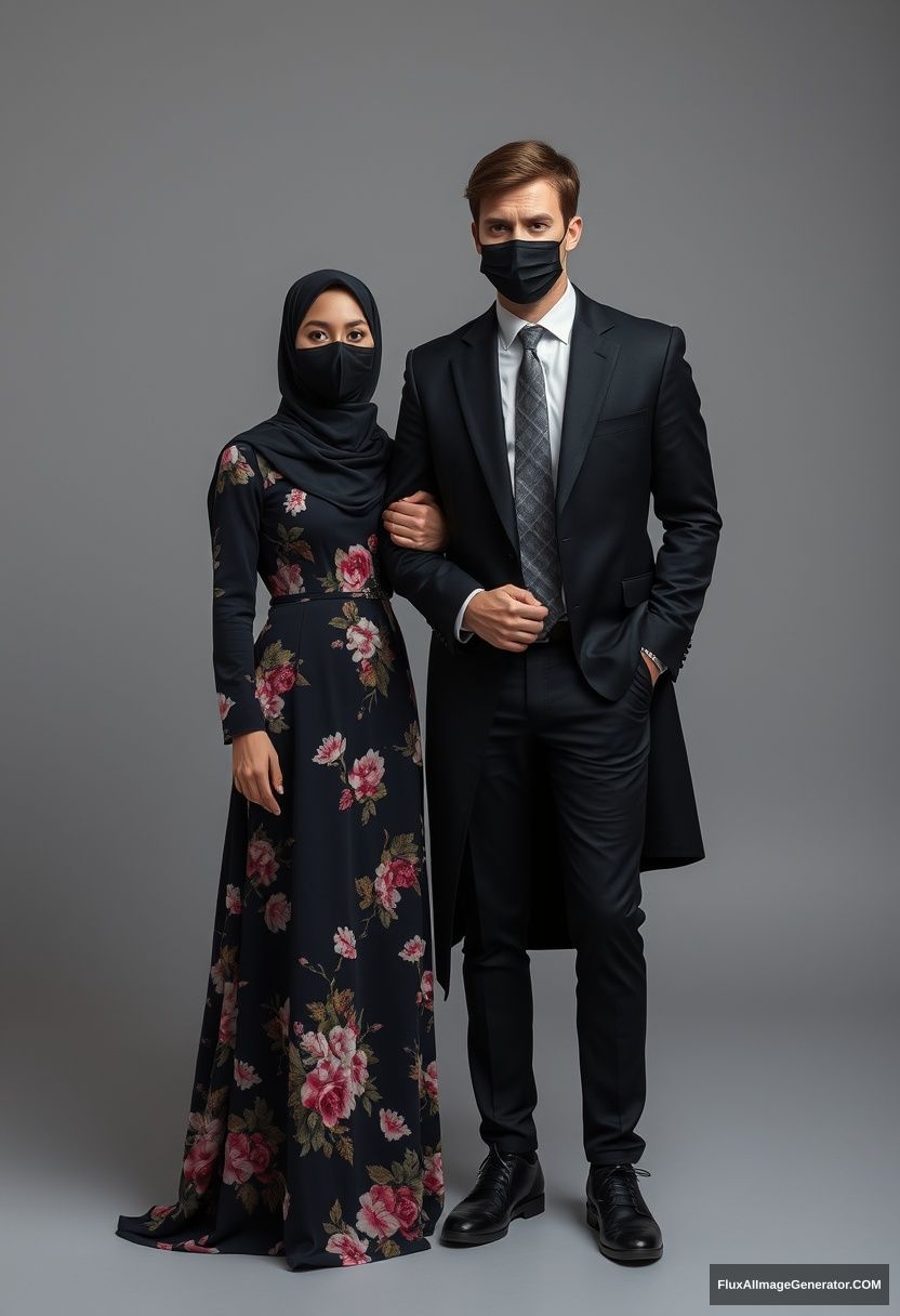 A biggest black hijab girl, slim girl, beautiful eyes, face mask black, biggest floral longest dress, standing holding his arm

Jamie Dornan, youngest, black suit coat, white shirt, grey patterned tie, black leather sneakers, tall man, face mask black, fit tough body, standing near her,

hyper realistic, studio photography - Image