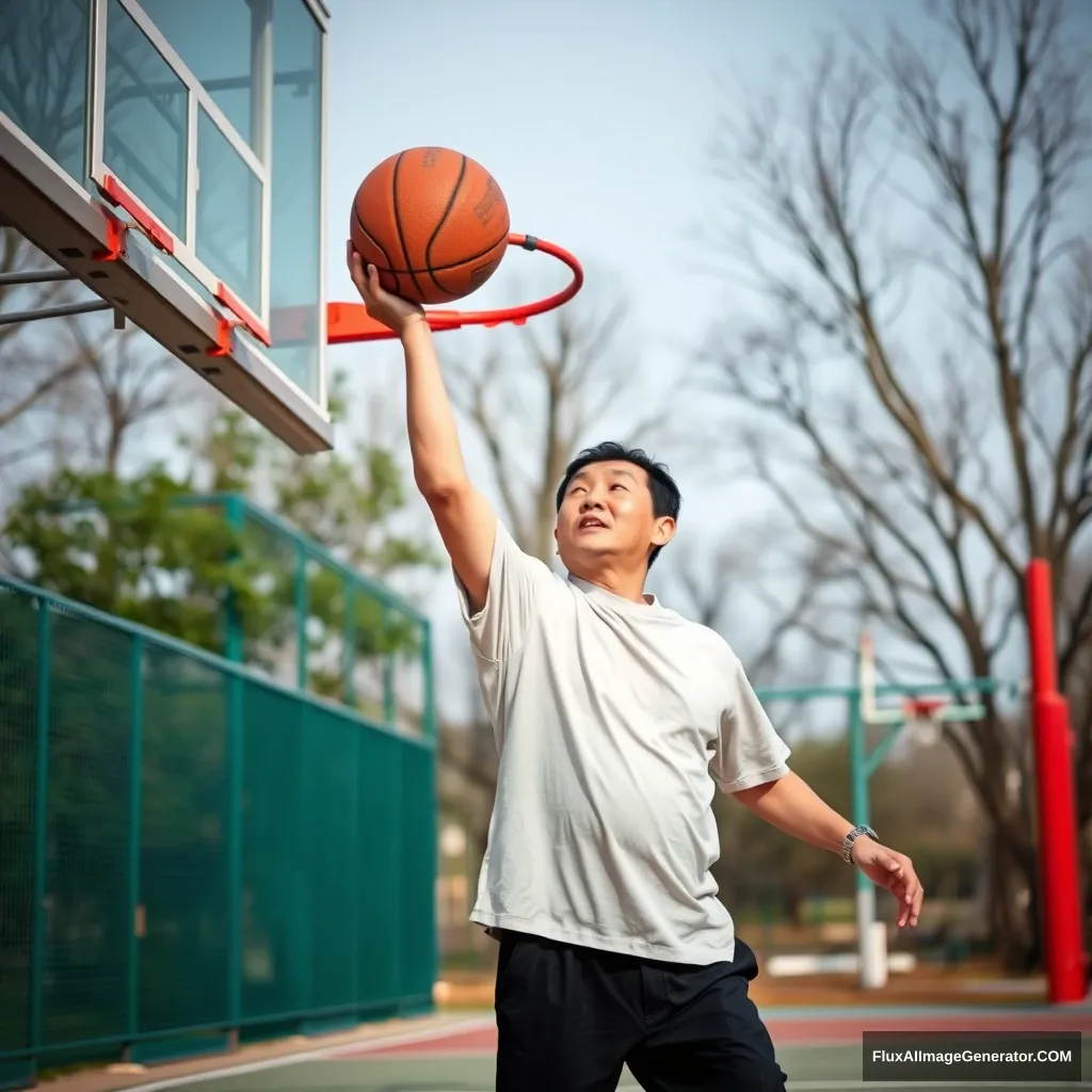 A Chinese middle-aged man playing basketball on the playground.