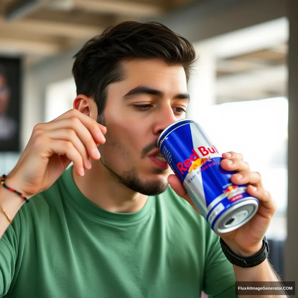 A man is drinking a Red Bull can.