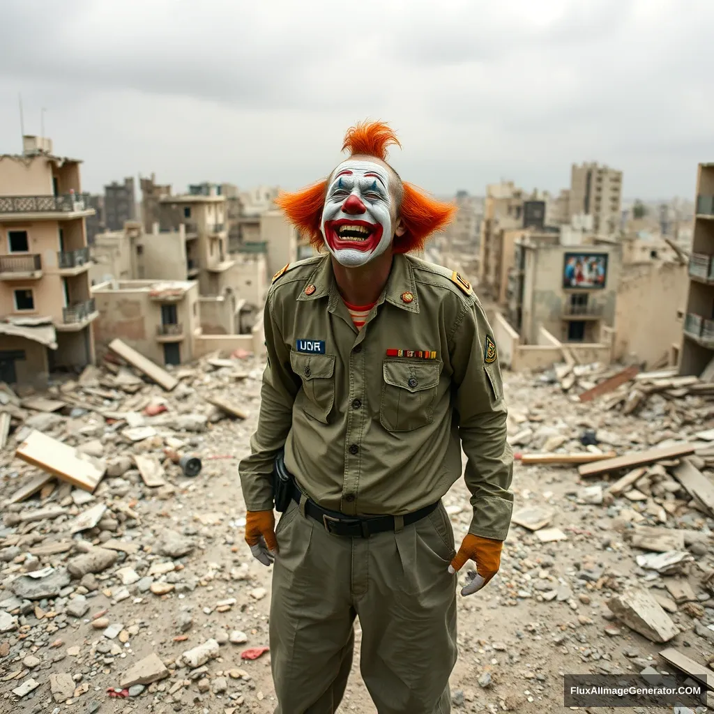 A normal crying clown in an IDF uniform standing in the middle of a destroyed city in ruins laughing hysterically. View from slightly above and from some distance. Hyperreal.