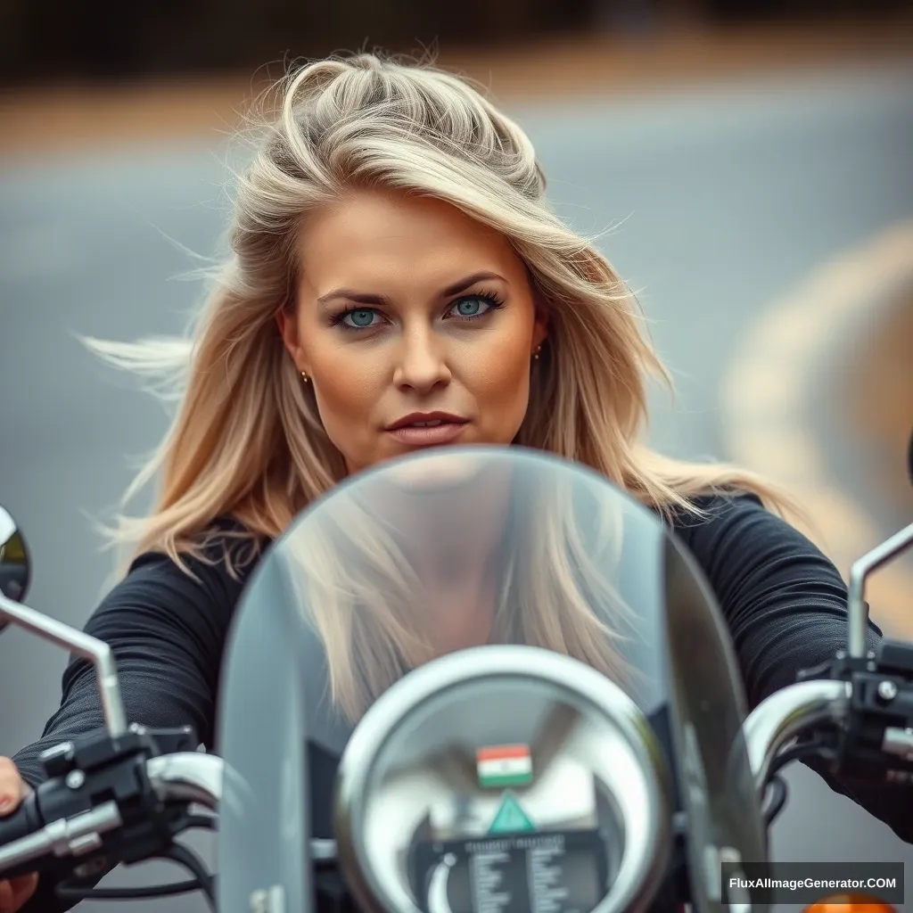 A blonde-haired, blue-eyed woman is riding a motorcycle.