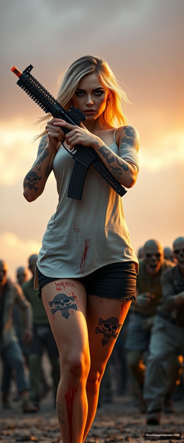 Portrait of a sexy woman in a white vest and black shorts, with many gypsy-style and skull pattern tattoos on both arms and legs, scratched arm skin, splashed blood on both arms and legs, holding an AR-15 rifle with both hands, aiming, surrounded by scary zombies in different clothes, golden hour lighting, ray tracing, global illumination, 4K. - Image