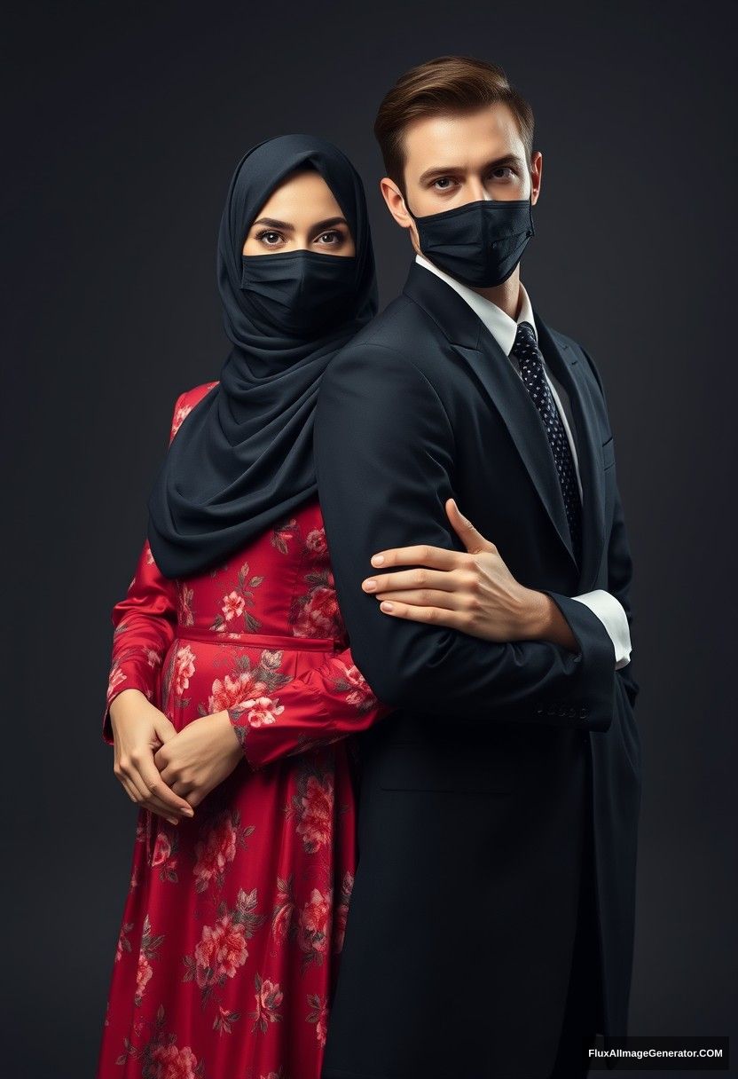 A biggest black hijab girl, beautiful eyes, face mask black, biggest red floral longest gown dress, standing behind him, love holding his arm,

Jamie Dornan body and face shot, handsome, youngest, face mask black, black coat suit, white shirt, black pattern tie, tall man, love standing behind her,

Hyper realistic, studio photography, photorealistic. - Image