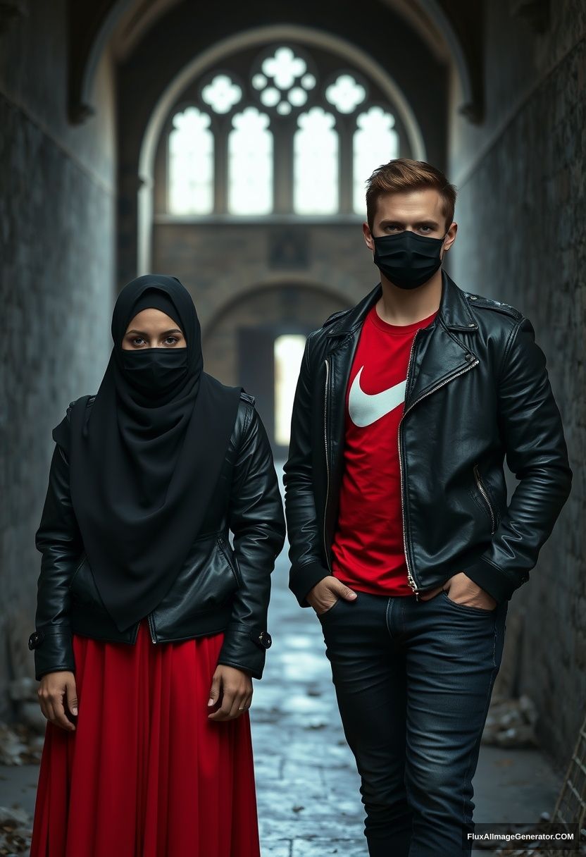 A biggest black hijab girl, beautiful eyes, black face mask, black leather jacket, biggest, longest red dress, not tall,

Jamie Dornan, handsome, black face mask, fit and tough body, red Nike t-shirt, black leather jacket, jeans, tall man, standing lean against the wall together.

Hyper realistic, photorealistic, studio photography, Victoria's abandoned castle, gloomy, darkness. - Image