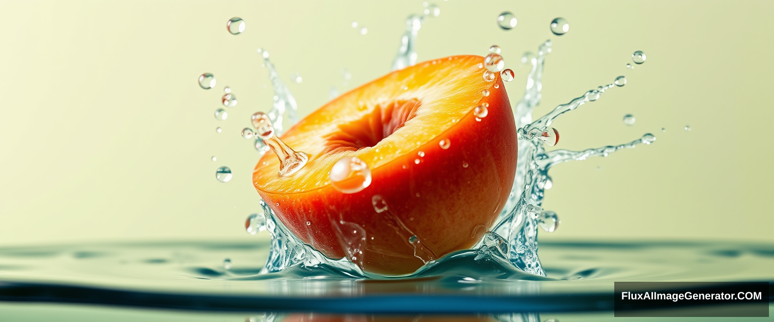 A single slice of juicy peach, perfectly ripe with a gradient of orange and yellow hues, is captured in mid-air, surrounded by a dynamic splash of crystal-clear water. The water droplets are frozen in time, showcasing their intricate shapes and reflections. The background is a soft, pastel green, providing a harmonious contrast to the vibrant peach. The lighting is diffused and natural, emphasizing the freshness and texture of the fruit. The overall composition is balanced and aesthetically pleasing, with a focus on the beauty and vibrancy of the peach and water.