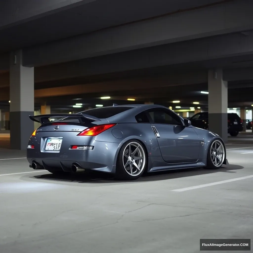 Nissan 350z in grey with Japan Racing JR21 rims at nighttime in a parking garage. - Image