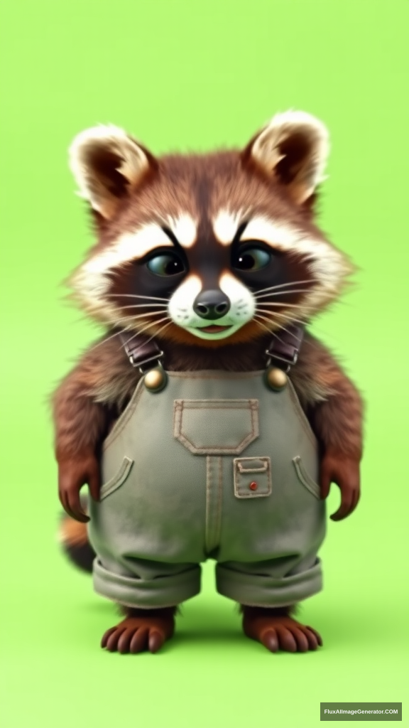 "A cute raccoon, plump, wearing a worker's overalls, full body shot, green screen background." - Image