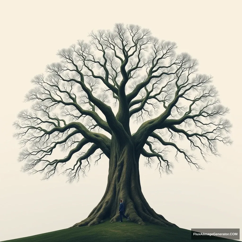 Create an image: A large tree grows from the bottom up. There are many branches on the trunk, and at the end of each branch, there is a person walking alone. - Image