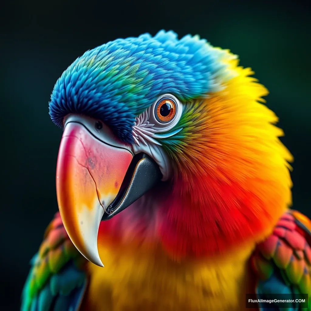 Neon rainbow-colored macaw with a platinum bird beak, hyper-realistic photo, 8K, Unreal Engine. - Image