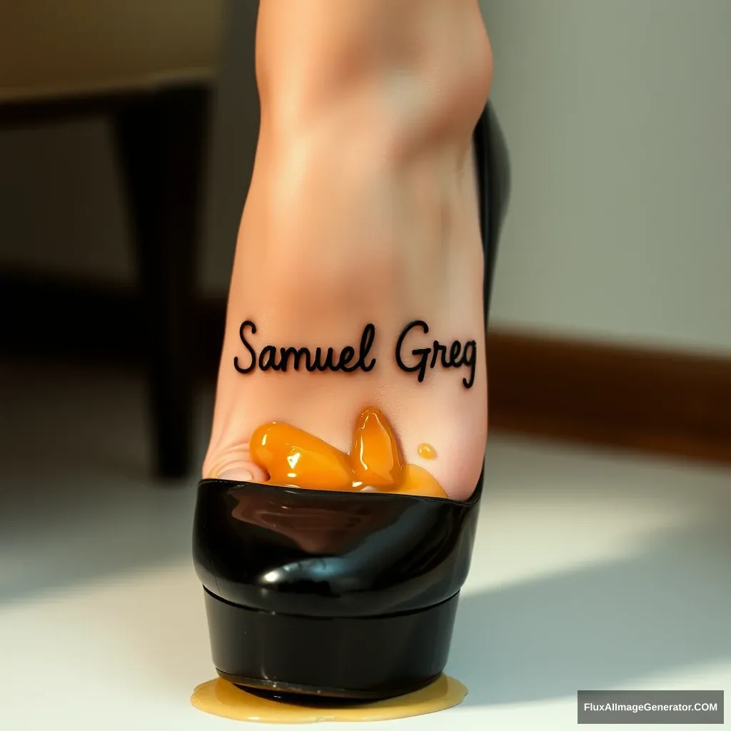 The name "Samuel Greg" on a woman's foot in a black high heel. There is oil all over the foot. - Image