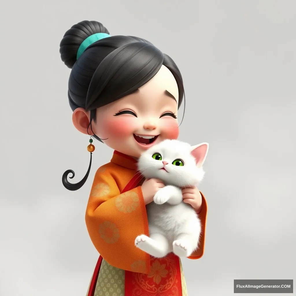 A highly detailed 3D rendering of a cute little Chinese girl dressed in a bright Hanfu with intricate patterns, her hair slicked back neatly. She is joyfully laughing while holding a fluffy white cat with striking green eyes. The scene is surrounded by a soft mist, creating a mystical atmosphere. The background is a smooth light grey gradient, with a realistic touch. The style is a blend of Pixar and cartoon aesthetics, using solid colors. The image is in a 3:4 aspect ratio.