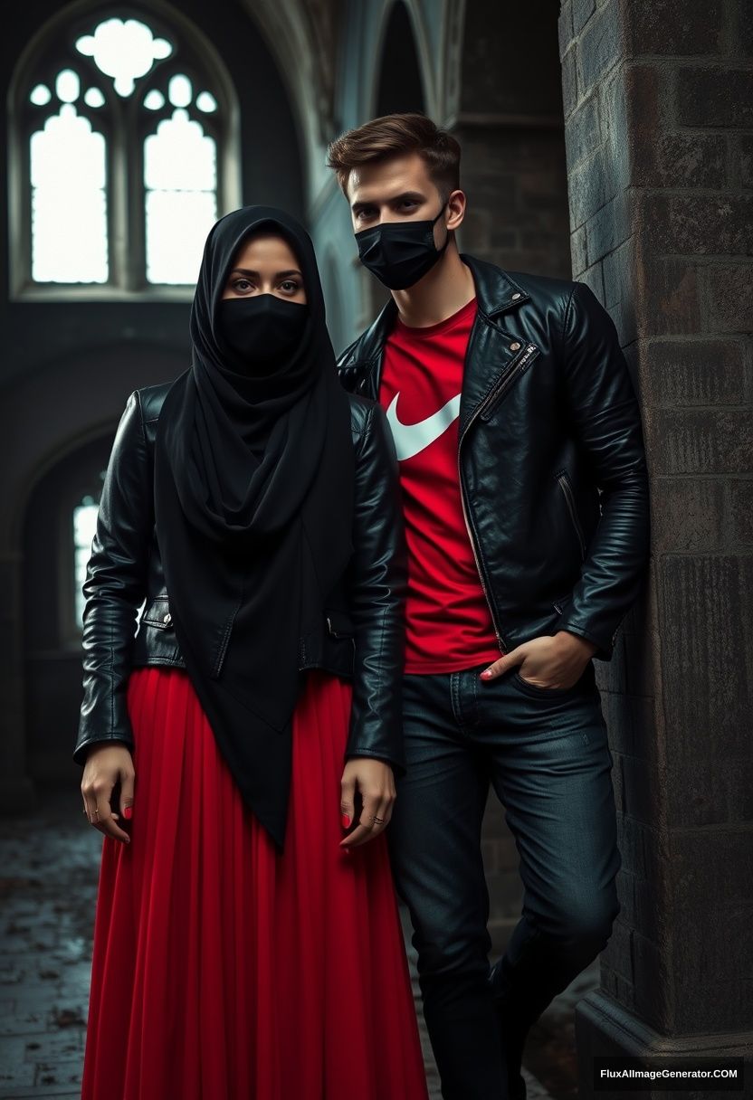 A biggest black hijab girl, beautiful eyes, face mask black, black leather jacket, biggest red longest dress, untall,

Jamie Dornan, handsome, face mask black, fit and tough body, Nike red t-shirt, black leather jacket, jeans, tall man, standing lean at wall together

Hyper realistic, photorealistic, studio photography, Victoria's abandoned castle, gloomy, darkness.