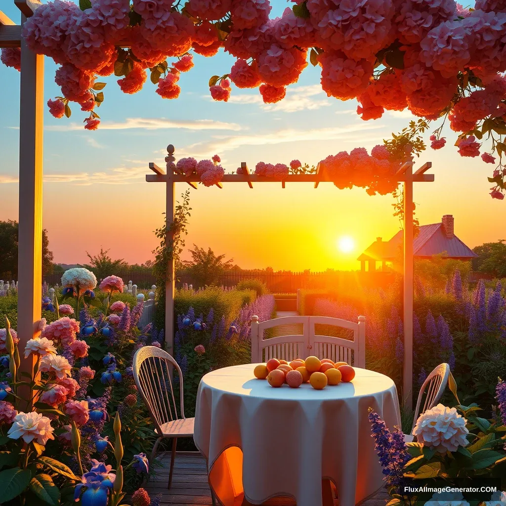 On a serene summer evening, a professional 3D model showcases a beautiful hydrangea garden. The orange, red, and yellow afterglow of the sunset gradually fades into a deep blue sky, creating a tranquil atmosphere. From the garden entrance, the setting sun slowly sinks, and golden rays sprinkle onto the rose pergola, producing a beautiful and dreamy effect. A dining table adorned with fresh fruits is set up in the garden. The garden boasts a rich variety of plants, including hydrangeas, irises, lavenders, Heleniums, Pennisetums, Spiraeas, and other border plants, along with the outline of a flower house in the distance. The entire scene presents an ultra-realistic and vivid style, rich in detail, evoking a warm and calm feeling. Ultra-detailed, high-quality image, hyper-realistic, sharp focus, professional majestic oil painting, trending on ArtStation, trending on CGSociety, intricate, high detail, dramatic, photorealistic painting art by Midjourney and Greg Rutkowski.