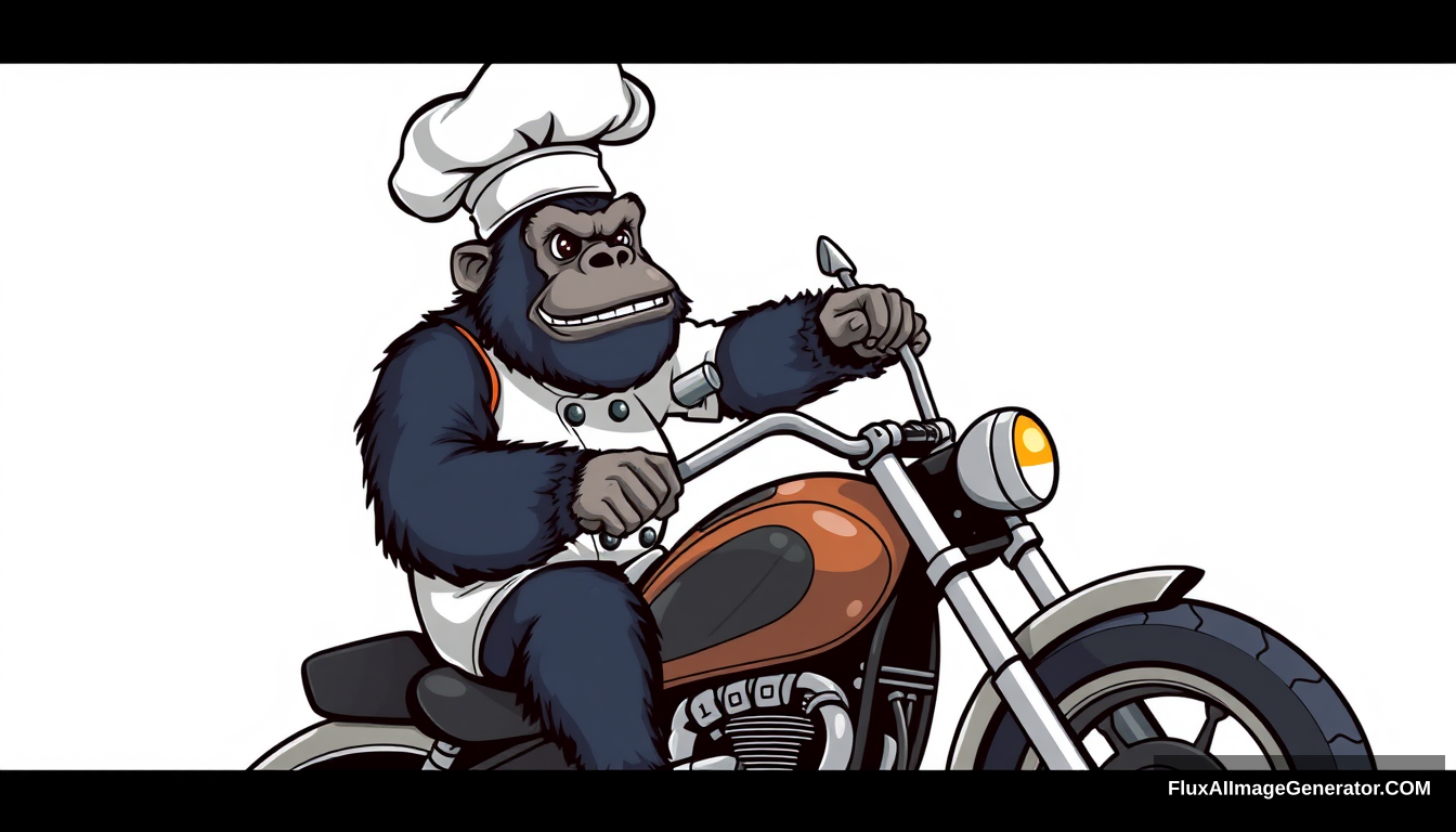 Cartoon gorilla dressed like a chef, riding a motorcycle, white background. - Image