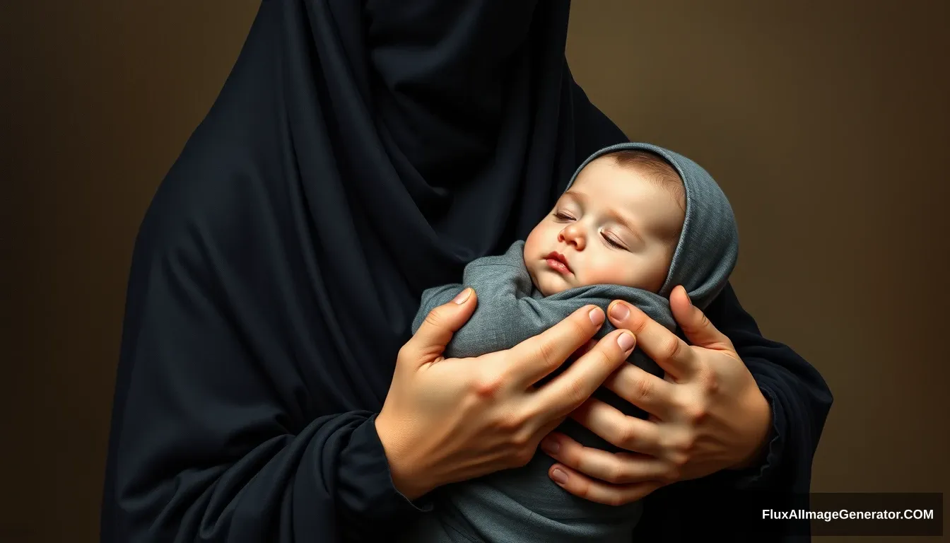 A pious woman is holding a baby boy, her palms covered in black cloth, wearing a long niqab, her neck covered by a perfect hijab, full body, oil painting. - Image