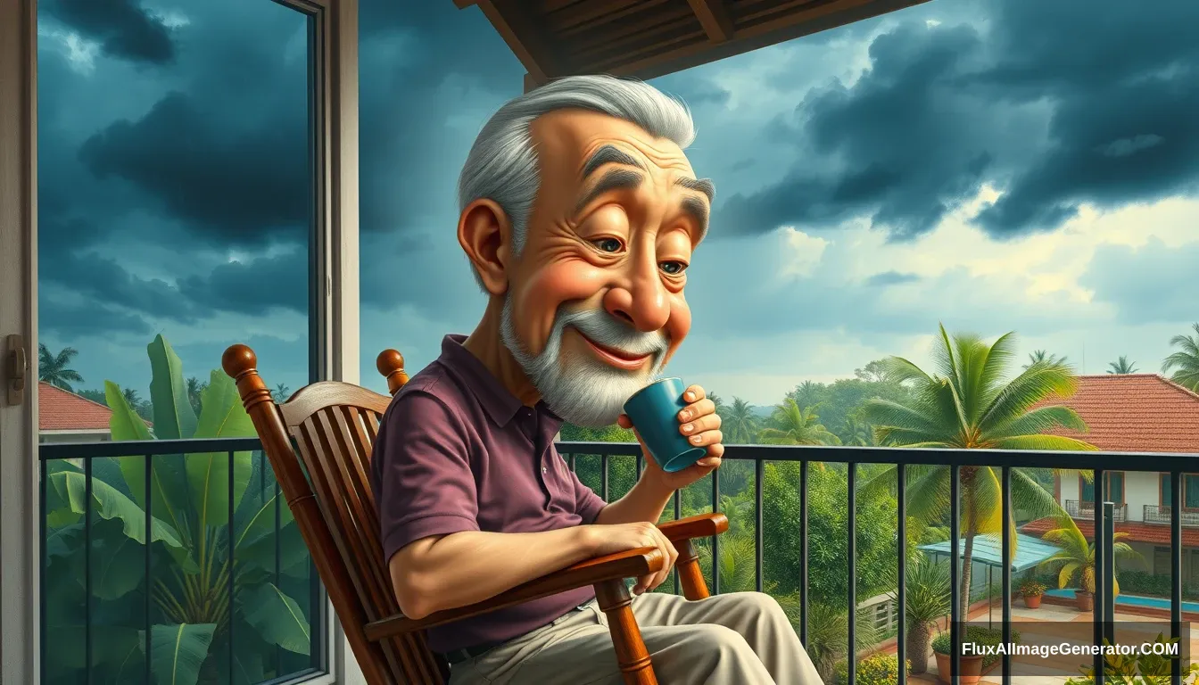 Caricature of a big head, big, big, big  
Image of a 60-year-old Thai grandfather, handsome and attractive  
Sitting on a rocking chair, sipping hot coffee, relaxing on the balcony of a house in Chonburi, enjoying the morning atmosphere with dark blue clouds, cool breeze in front of the house, with a garden, banana trees, coconut trees, a heavy rain atmosphere  
Oil painting, sharp 3D, 40k.