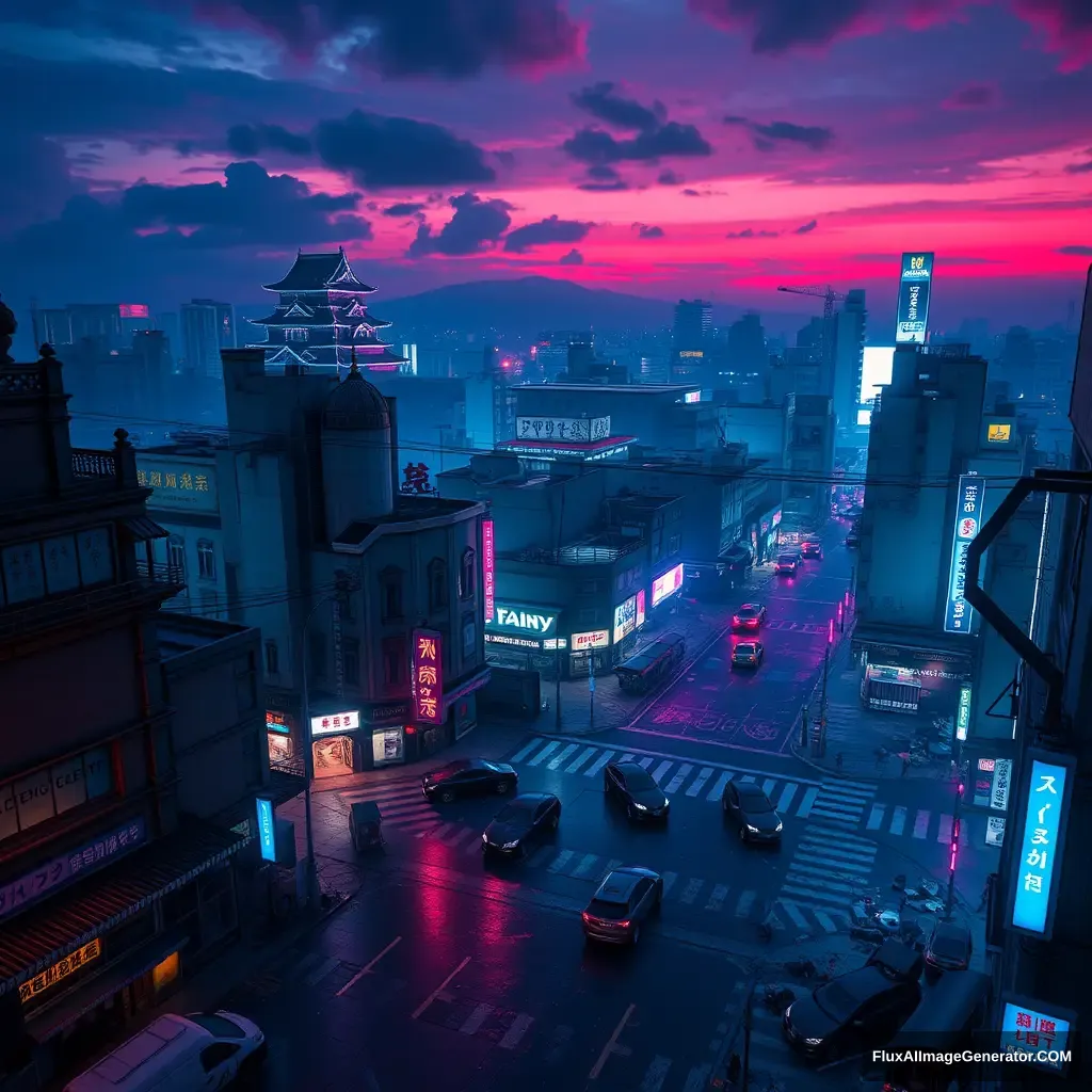 A Shibuya Scramble Crossing game concept design, nice and detailed, Cyberpunk style, Chaos city night, Aerial view, Abandoned buildings and vehicles, blue and purple neon lights, Japanese Edo Castle, sky is dyed red, unreal engine, PBR rendering, CG style.