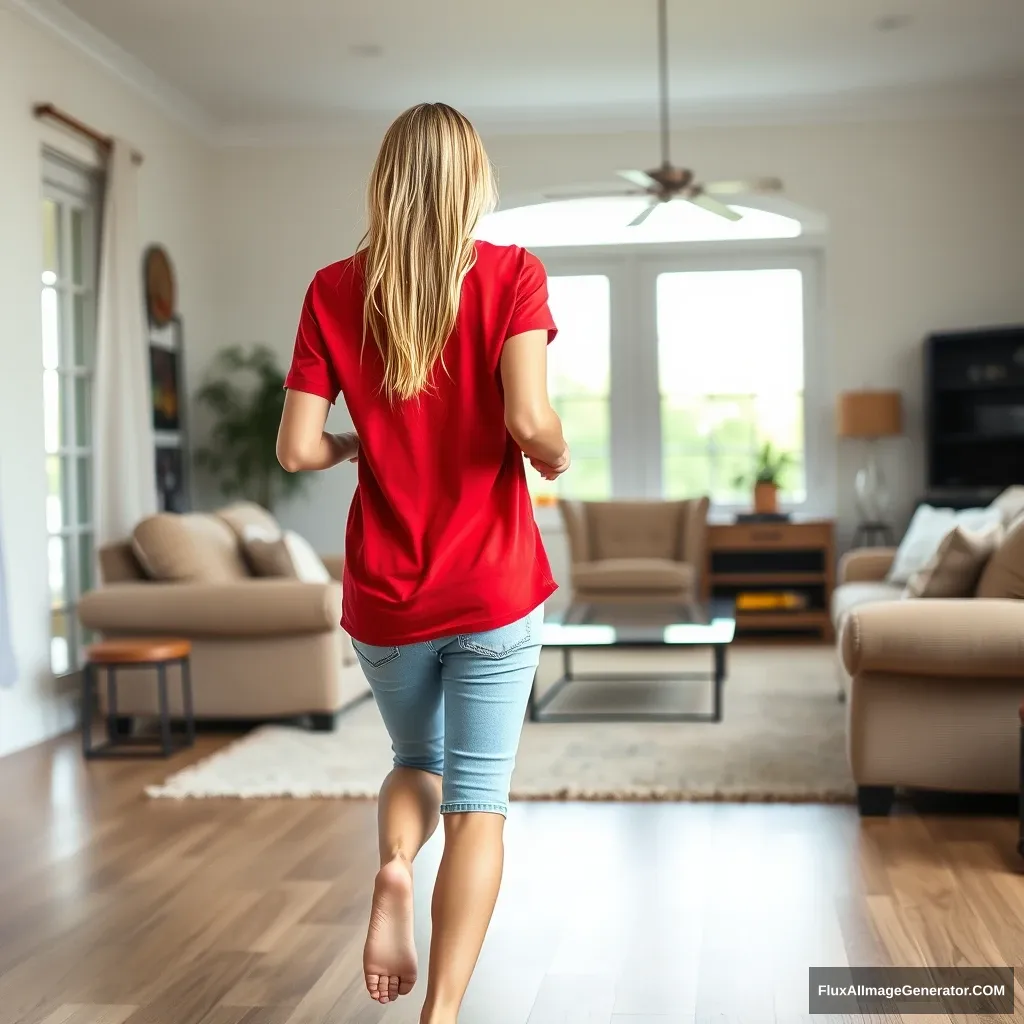 Back view of a slim blonde woman in her large living room, wearing an oversized red polo t-shirt that sits unevenly on one shoulder, along with knee-length light blue denim shorts. She is barefoot and faces the camera as she gets off her chair and runs towards it. - Image