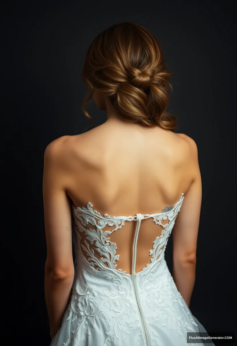 A young woman, sensitive, delicate, ashamed, exposed, backless strapless lace wedding dress.