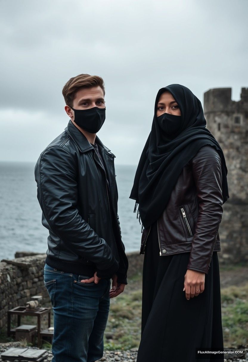 Jamie Dornan's head and body shot, handsome, youngest, black face mask, black leather jacket, jeans, dating, love with the biggest black hijab Muslim girl, not tall, beautiful eyes, face mask, maroon leather jacket, biggest black skirt, hyper-realistic, studio photography, full body photo, exploring at an abandoned castle, at sea, gloomy scenery. - Image