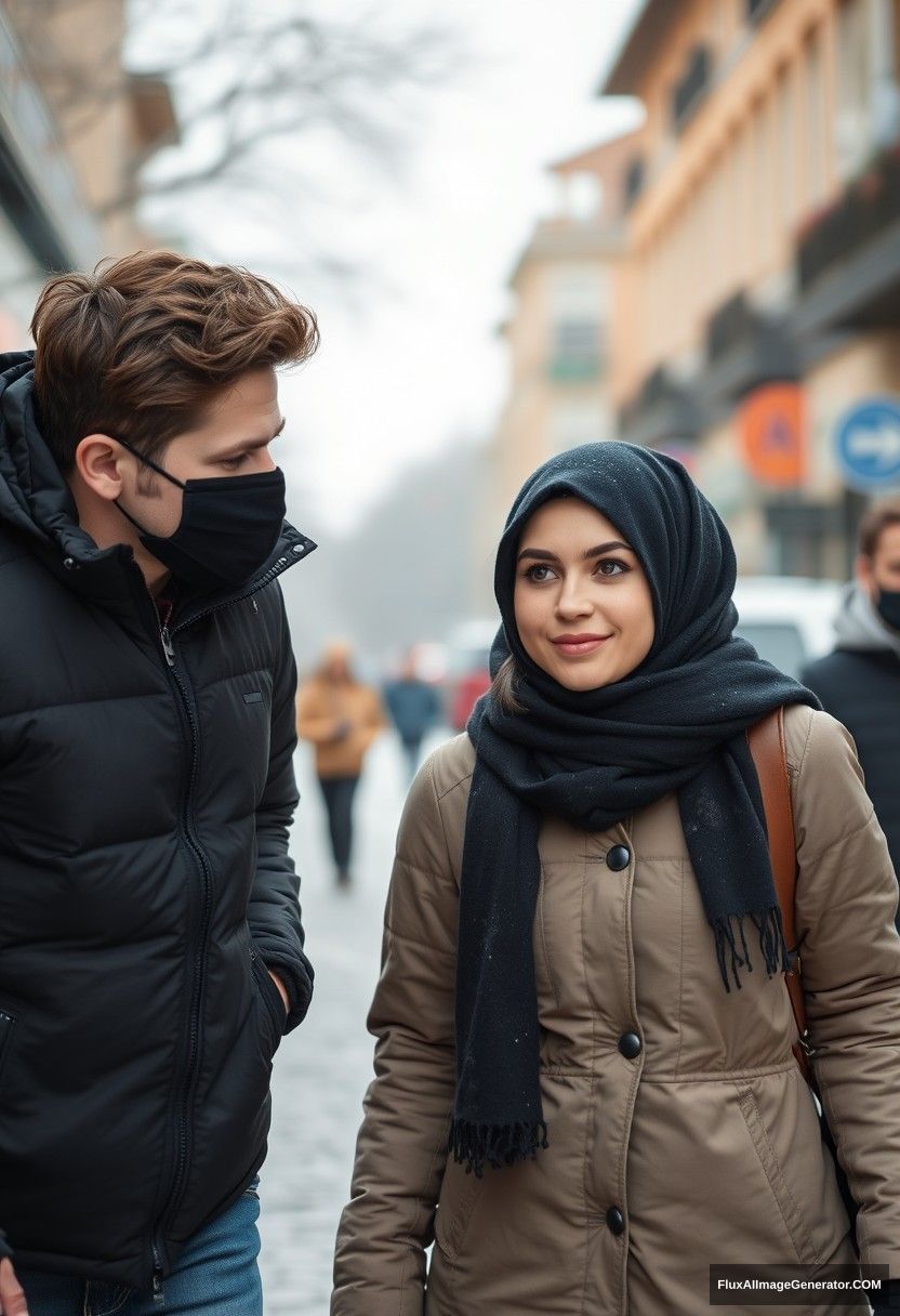 Jamie Dornan, handsome, young, black face mask, snow jacket, jeans, dating a beautiful, romantic, hijab-wearing girl with beautiful eyes, black face mask, snow jacket, winter scenery, walking together in town, hyper-realistic, street photography. - Image