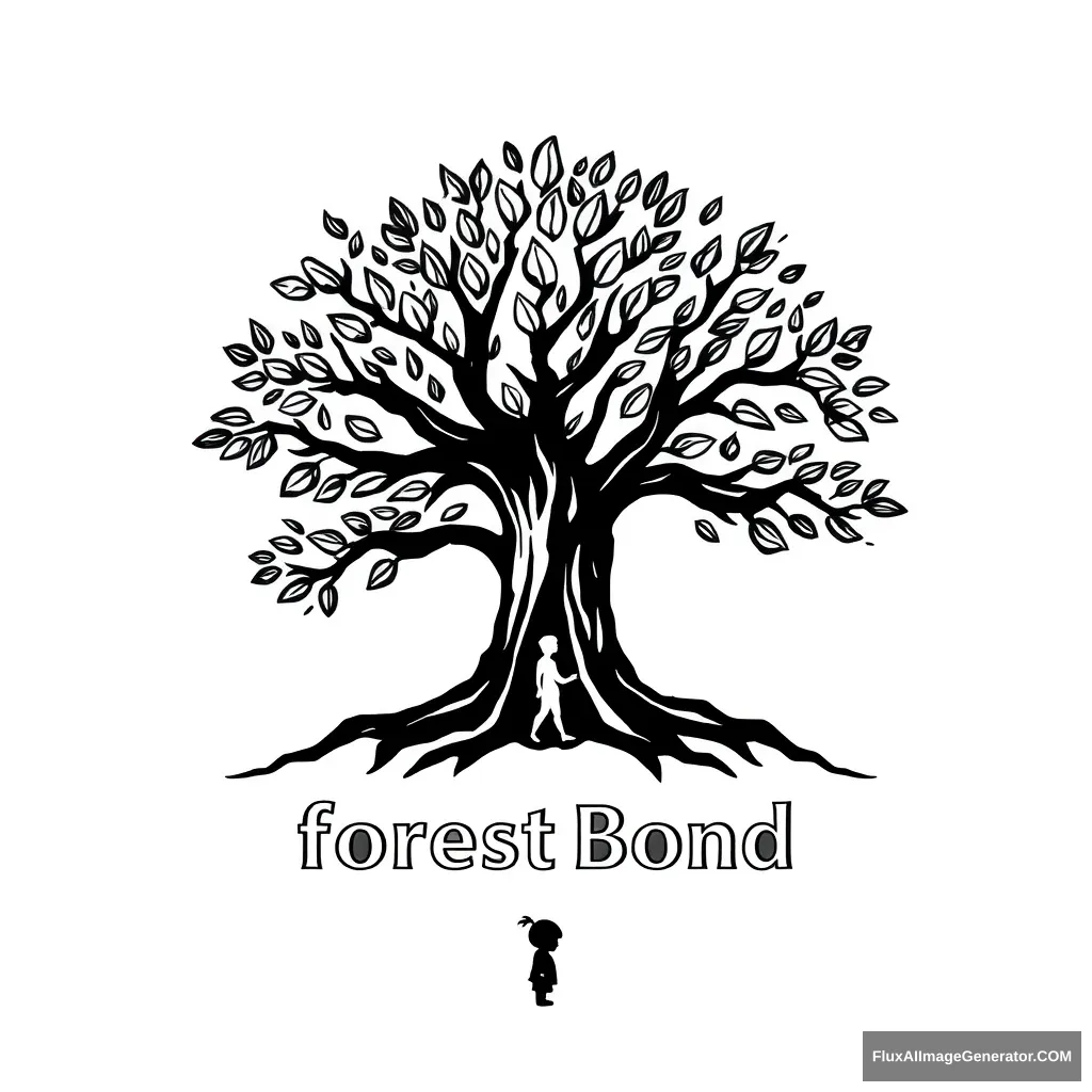 It's a logo for an app called forestbond. It's a tree in the shape of a woman spreading its branches with a lot of leaves. It gives the impression of deep and solid roots. Draw it in a reverent way and write the words Forest Bond underneath it in capital letters. It should have a serious feel to it. Don't overlap the drawing and text. Make it look like a child is under the tree looking up at it. Draw the whole thing in black on a transparent background. - Image