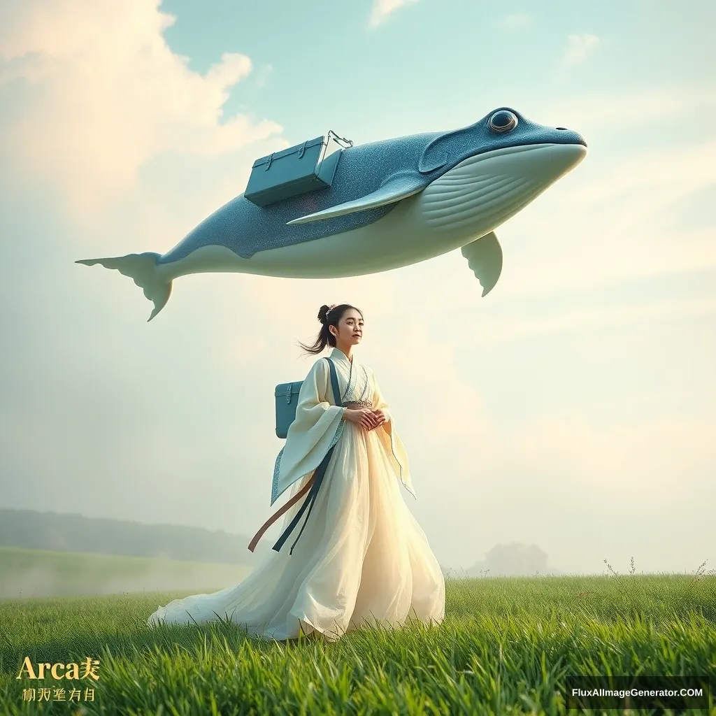 A mesmerizing surreal photograph for a hip hop album cover featuring Li Bingbing, standing gracefully on a lush green meadow under a dreamy, pastel-colored sky. Above her, a giant whale floats serenely in the air, creating a whimsical and enchanting atmosphere. She is dressed in a flowing, ethereal designer gown that complements the surreal landscape. The high-resolution image, captured in 2022 using IR 660 nm photography and Unity HDRP by Hu Jieqing, highlights the intricate details of her attire and the fantastical elements of the scene. The gentle mist adds a layer of mystique and dreaminess, reminiscent of an Arca album cover by Hu Zaobin. This photograph beautifully blends the surreal beauty of the flying whale with modern fashion, making it perfect for a captivating and otherworldly album cover.

A young man in Japanese-style clothing, riding a huge frog, the frog has a lot of luggage on its back, the frog’s body flashing a colorful gem-like texture, the whole picture of high saturation, the swamp background. - Image