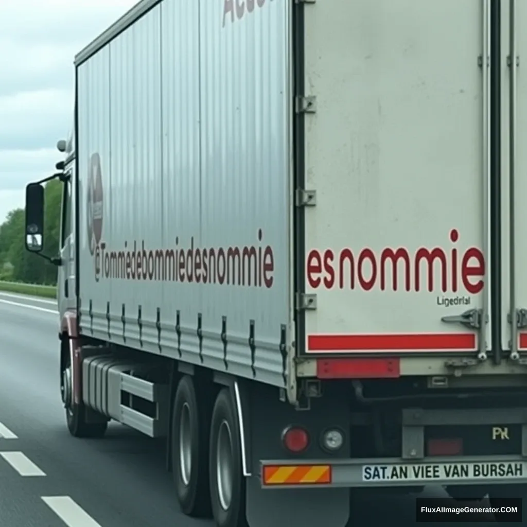 Text "Tommiedebommiedesnommie" on the side of a truck on the Dutch highway.