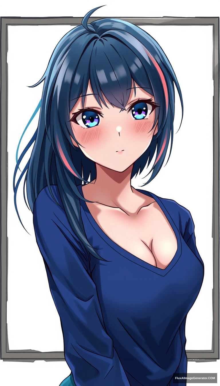 A teenage girl has captivated many with her striking appearance. Wearing a dark blue color with vibrant highlights, anime style is important. Drawing from the chest up. Framed background.