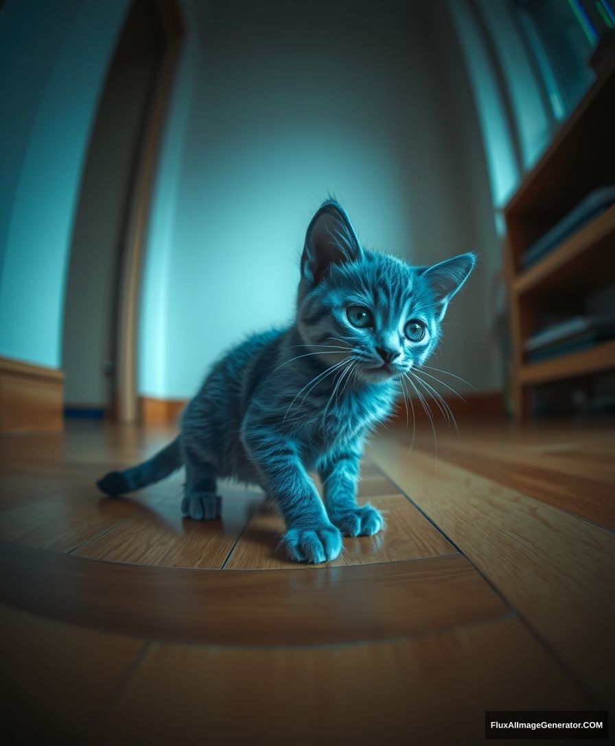 A blue kitten on the floor, looking towards the camera, panoramic view, light tracing, global lighting effects, 2k.