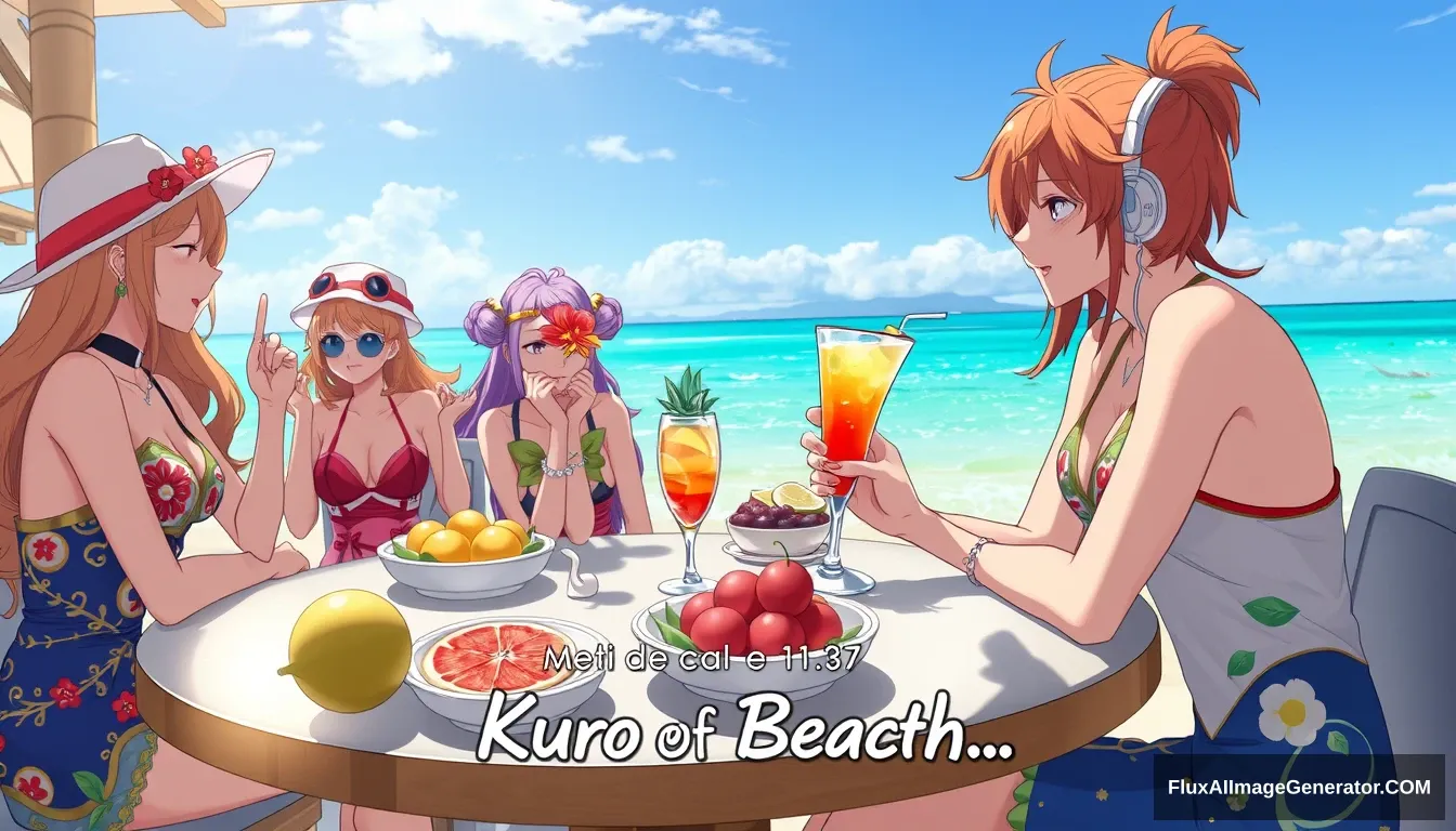 Imagine the character "Kurosachi Ichigo" in the photo from this link: https://i.pinimg.com/originals/11/4e/13/114e13044642cb235c089b9d6551049d.jpg who is on vacation at the beach surrounded by beautiful anime girls in costumes, while drinking a cocktail. The character has orange hair. On the table, there are exotic fruits. Below, add a text in Italian: "A greeting from Kuro of CyberBeach". With the word "CyberBeach" in a Cuban style. Detail 8k, hyper-realistic.