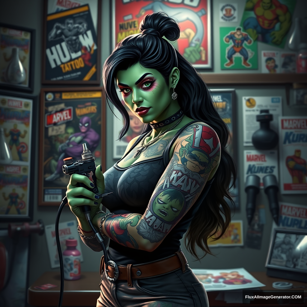 She-Hulk in tattoo artist attire, inked with detailed Marvel hero motifs, grips a tattoo machine, standing before a backdrop of an authentic tattoo studio wall adorned with vibrant artwork, flash sheets, and tattoo machine racks, soft ambient light casting a subtle glow over the scene, digital painting, ultra-realistic, dramatic lighting. - Image