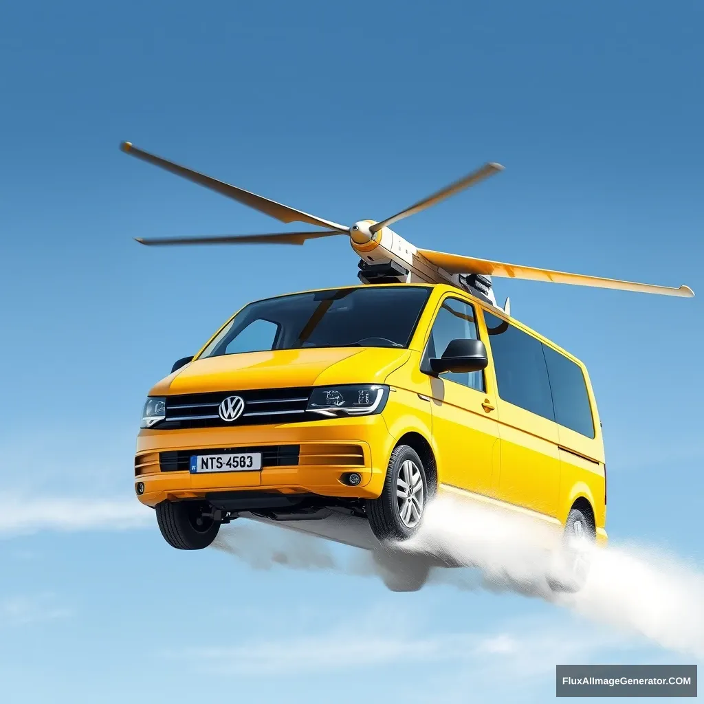 'VW T5 Multivan, yellow, flies with propellers and wings' - Image