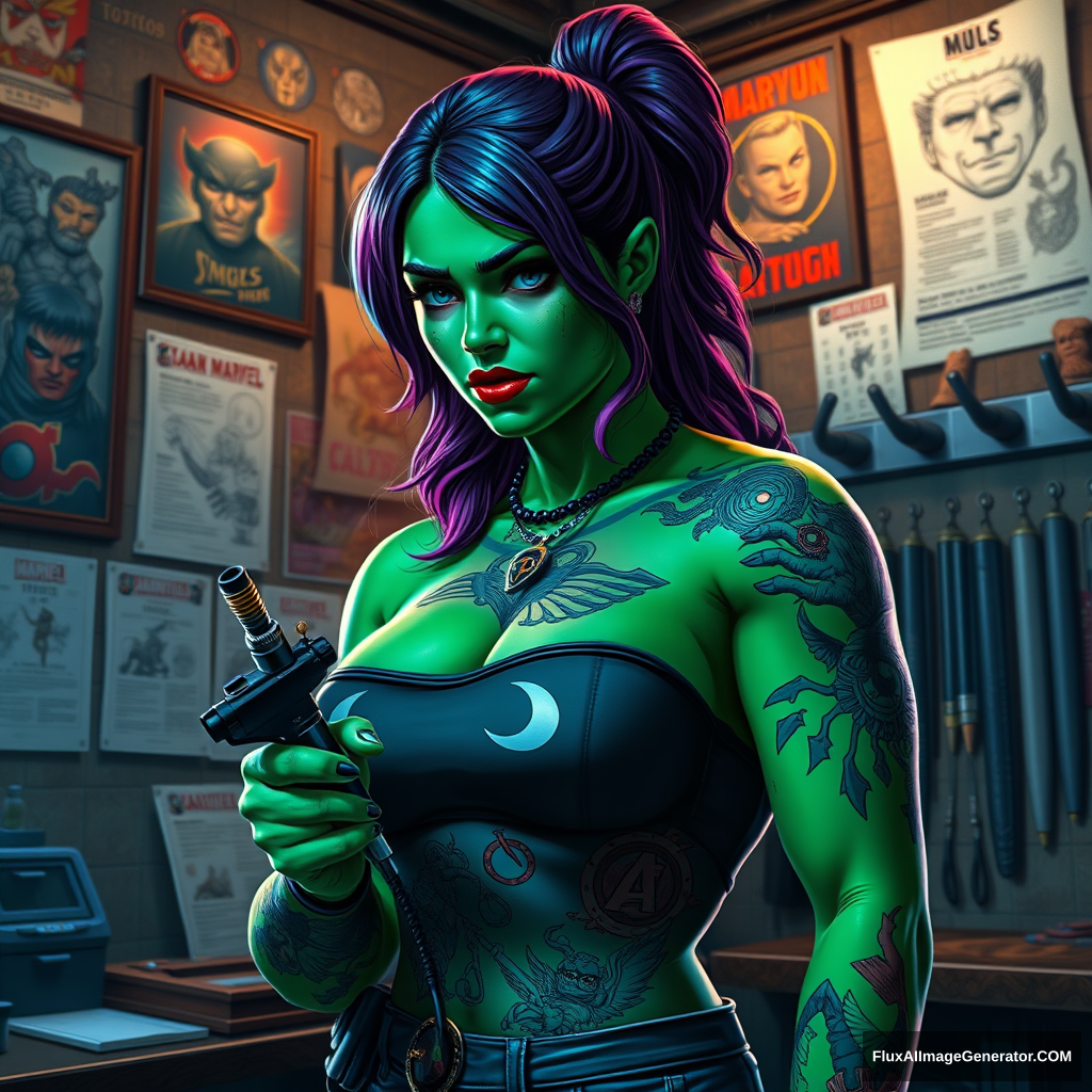 Hot She-Hulk in tattoo artist attire, inked with detailed Marvel hero motifs, grips a tattoo machine, standing before a backdrop of authentic tattoo studio walls adorned with vibrant artwork, flash sheets, and tattoo machine racks, soft ambient light casting a subtle glow over the scene, digital painting, ultra-realistic, dramatic lighting.