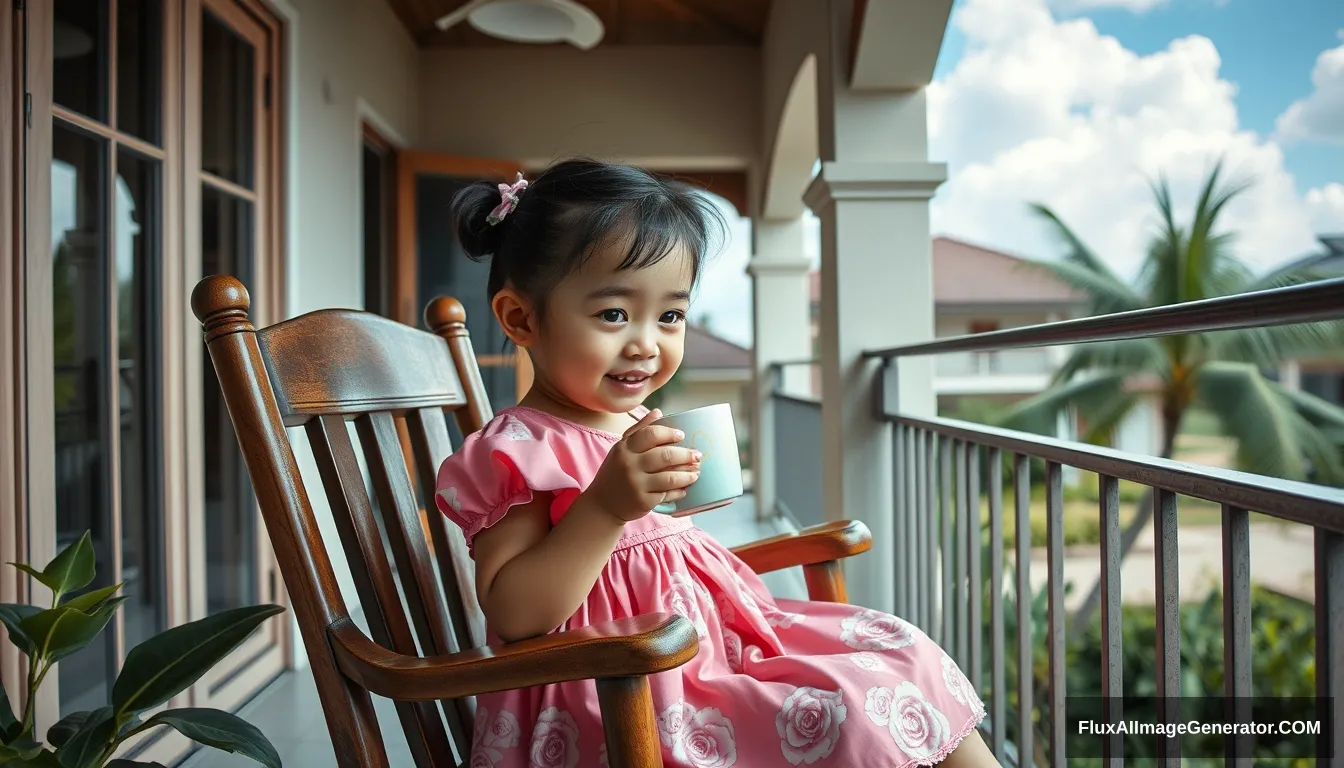 the style of Hirohiko Araki Kubrick, a 3-year-old Thai beauty girl, with ponytails, wearing solid pink with white rose floral pattern dress, sitting on a rocking chair, sipping hot coffee, chilling on the balcony of a house in Chonburi, enjoying the morning atmosphere with blue clouds, cool wind in front of the house, with a garden, banana trees, coconut trees, heavy rain atmosphere, Oil painting, sharp 3d, 40k, pastel colour, smiling