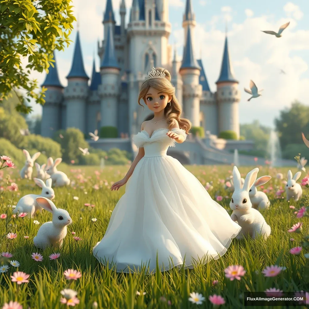 A princess in a white chiffon dress, in the grass in front of the castle, surrounded by cute furry bunnies, birds, flowers, a magical world full of Disney style, 3D rendering, natural light, high-definition picture quality, 8k, - niji 6. - Image