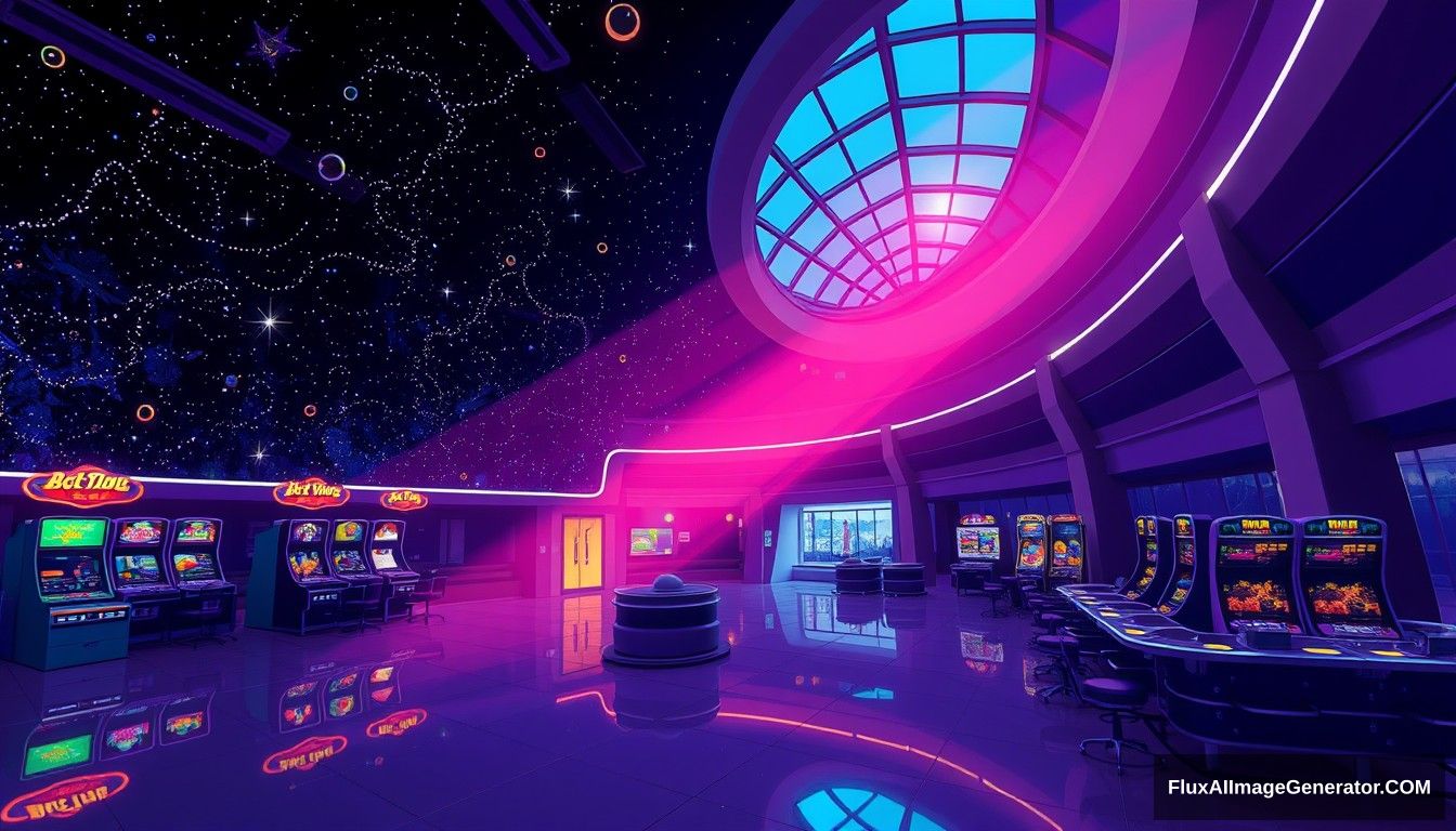 cel shaded art, wide shot, from above, dutch angle, from side, perspective, intense angle, depth of field space, universe, space station, lobby, sunlight, retro, 70s, indoor, night, star, neon, warm light, game room, entertainment, glass ceiling.